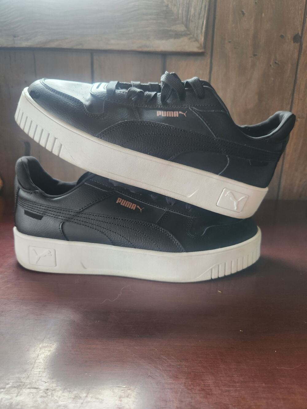 Puma Womens Carina Street Size 11 Black Platform Sneakers Rose Gold Logo 389390